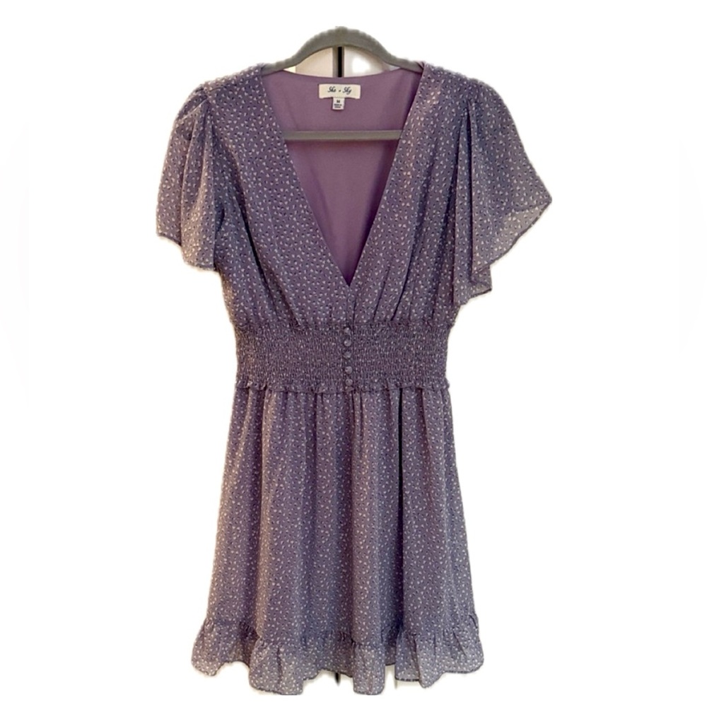 She + Sky Lavender Purple Flutter Sleeve Floral Mini Dress - Spring, Sun Dress